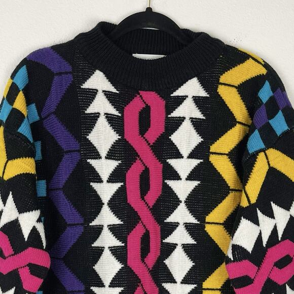 VTG Womens Chunky Knit Sweater Pullover Black Bright Abstract Retro 80s 90s M - Picture 4 of 6